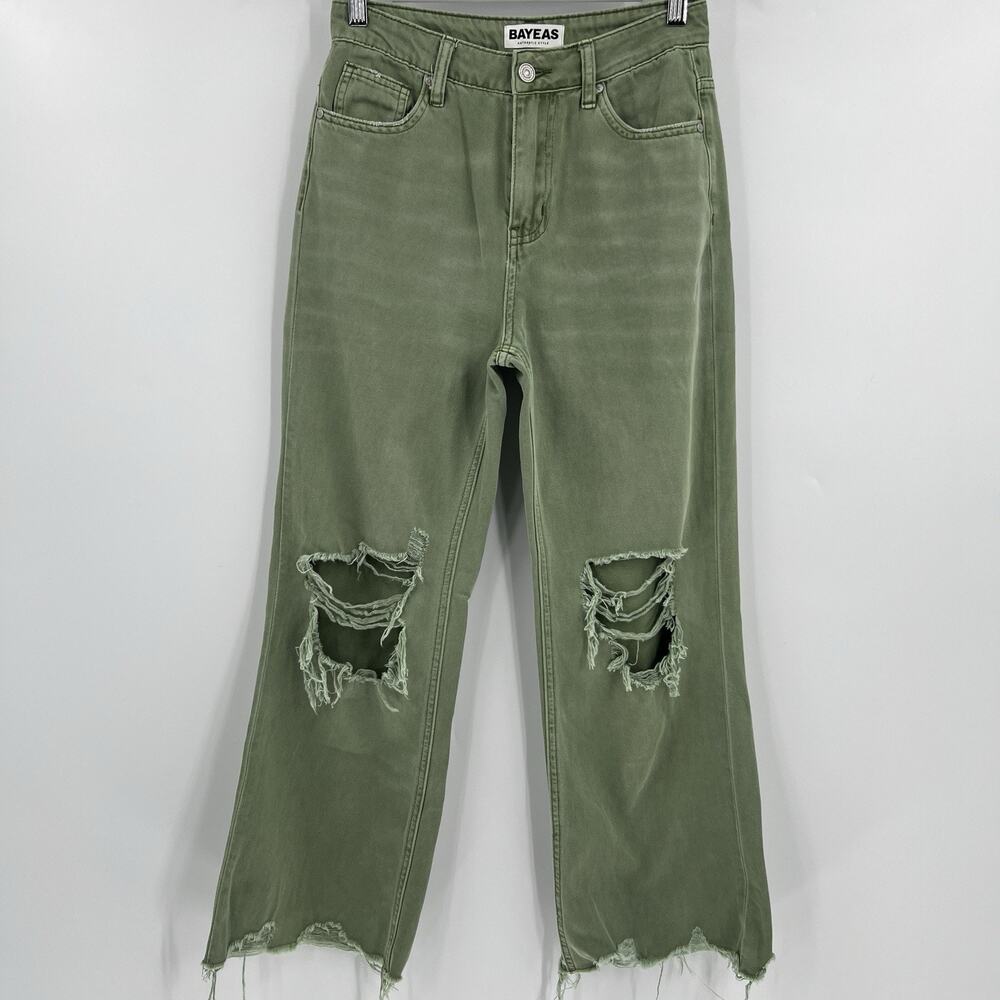 BAYEAS Wide Leg Jeans Green Denim High Rise Raw Hem Distressed Women’s Size 24